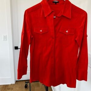 Theory Bright Orange/Coral Fitted Collared Shirt with roll up sleeves.